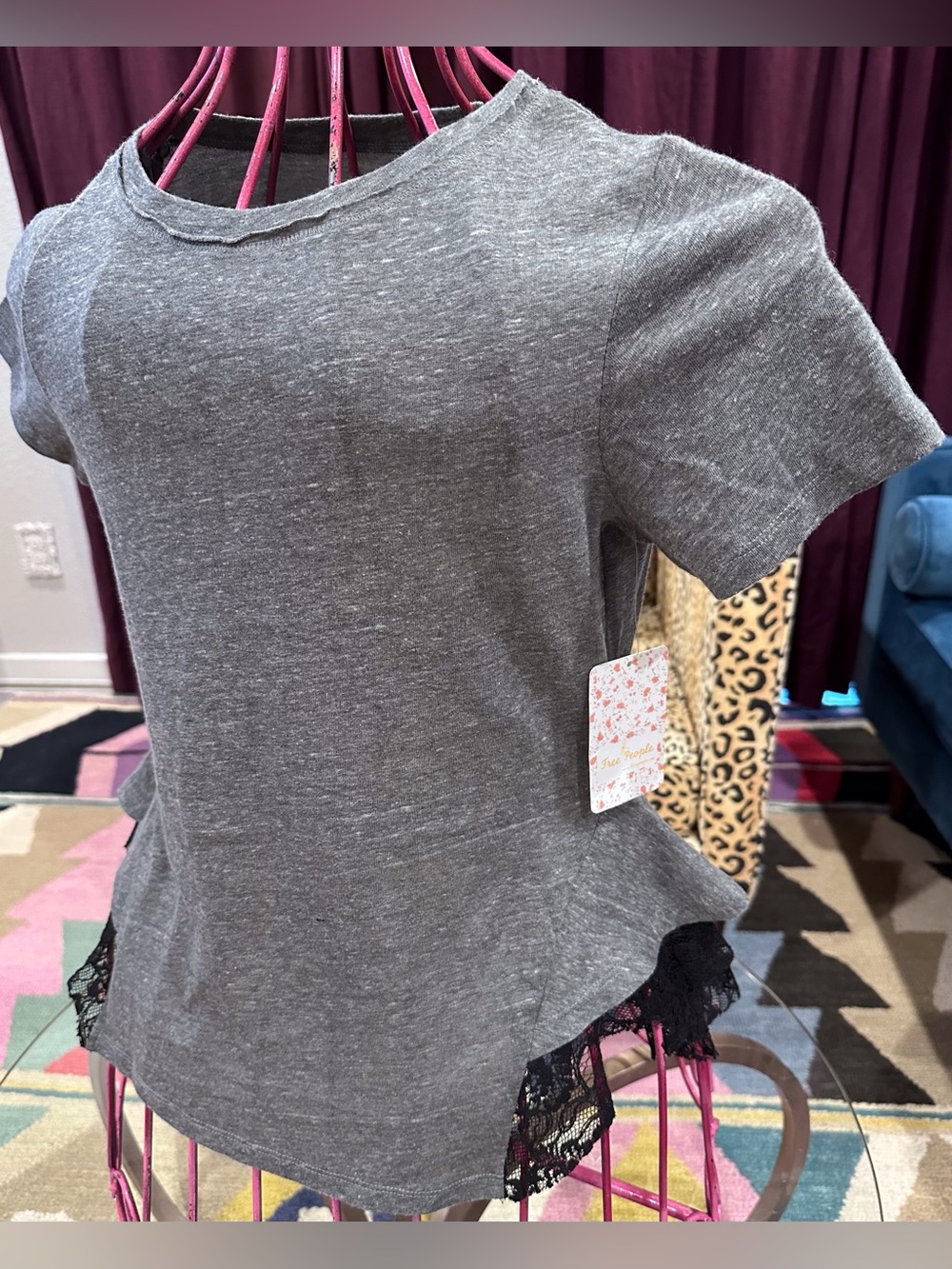 Free People Gray Short Sleeve Top with Black Lace Hem